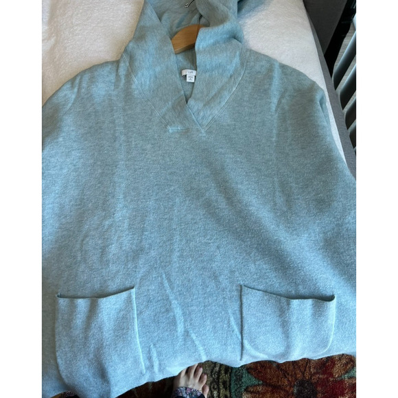 J Jill Sweater Womens XL petite Hooded Open Knit Sweatshirt pocket light blue - Picture 2 of 9